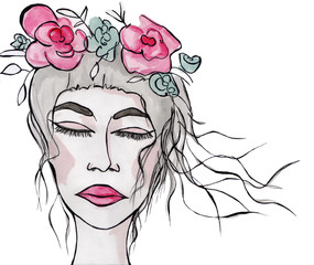 Fantasy watercolor portrait of a beautiful girl with flowers in the hair. Beauty illustration