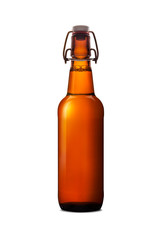 Old brown bottle of beer isolated on white background
