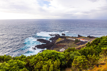 Plakat Aerial view of Ponta da Ferraria hot springs and Atlantic ocean coast on Sao Miguel island, Azores, Portugal