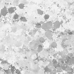 Gray paint splatter effect texture on white paper background. Artistic backdrop. Different paint drops.