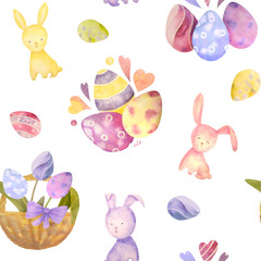 Cute baby easter rabbit seamless pattern, illustration for children clothing. Watercolor Hand drawn