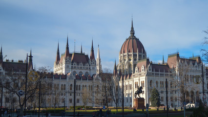 Fototapeta na wymiar Exterior of Hungarian Parliament Building in Budapest on December 29, 2017.