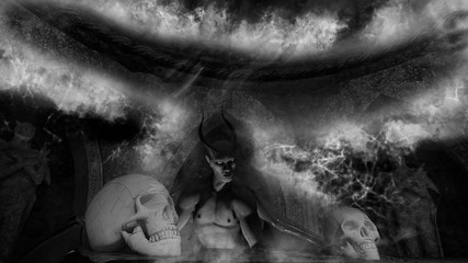 Fallen angel satan in a crypt with skulls