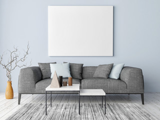 Mock up poster on hipster background, blue wall, decoration and sofa, 3d render, 3d illustration © nikolarakic