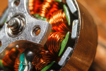 Small brushless electric motor for drone. Extreme macro photography.