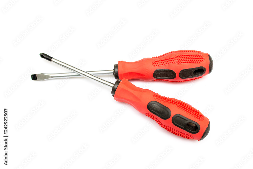 Wall mural black and red screwdriver isolated on white background. screw screwdriver for repairing and tighteni