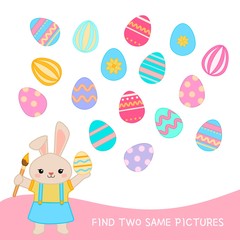 Educational  game for children. Find two same pictures. Kids activity with Easter eggs.