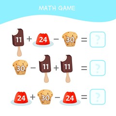 Counting educational children game, math kids activity sheet.  Cartoon sweets.