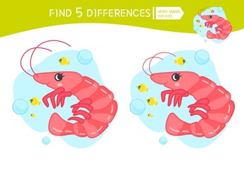 Find differences.  Educational game for children. Cartoon vector illustration of cute shrimp.