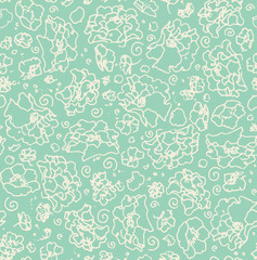 Delicate cherry blossom line seamless pattern ready to use with blue background. Hand drawn floral botanical background for textile, wrapping paper and wallpapers.