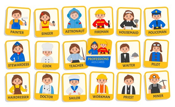 Educational cards for children Professions. Cartoon illustrations of people of different professions.
