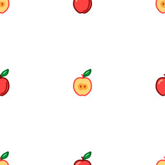 Apple seamless pattern. Autumn, summer vintage design icon. Vector fruit illustration. Green background. Hand drawn cute apples with cut sliced core for textile, manufacturing, fabrics and decor