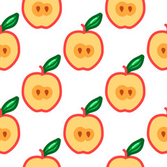 Apple seamless pattern. Autumn, summer vintage design icon. Vector fruit illustration. Green background. Hand drawn cute apples with cut sliced core for textile, manufacturing, fabrics and decor