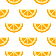Orange seamless pattern. Autumn, summer, spring vintage design icon. Vector fruit illustration. Hand drawn cute oranges with cut sliced core for textile, manufacturing, fabrics and decor