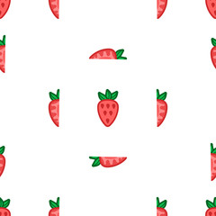 Strawberry pink, red, green seamless pattern. Autumn, summer, spring vintage design icon. Vector fruit illustration. Hand drawn cute with cut sliced core for textile, manufacturing, fabrics and decor