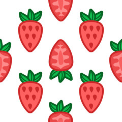 Strawberry pink, red, green seamless pattern. Autumn, summer, spring vintage design icon. Vector fruit illustration. Hand drawn cute with cut sliced core for textile, manufacturing, fabrics and decor