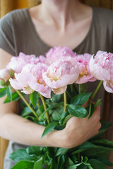 Girl is holding an armful of fresh beautiful pink peonies. Large fresh opened peony flowers.