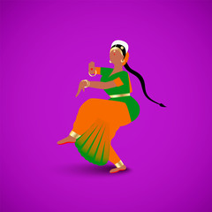 Indian dancing woman dressed in a traditional sari dress in national flag colors isolated on bright purple backgroung