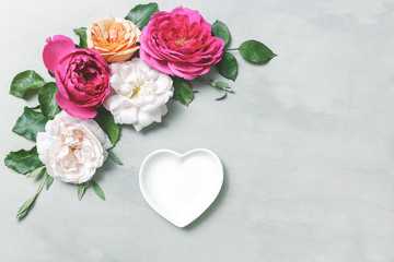 Flowers composition. Frame made of english rose flowers