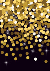 Golden confetti. Round gold glitter. Gradient Scattering on a black background. Glitter. Christmas shiny background.