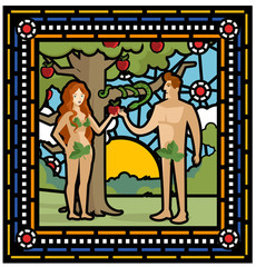 adam and eve and  the snake taking apples in eden garden stained glass