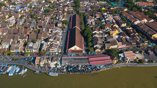 Panorama of Hoian market. Aerial view of Hoi An old town or Hoian ancient town. Royalty high-quality free stock photo image top view of Hoai river and boat traffic in HoiAn market. Hoian city, Vietnam