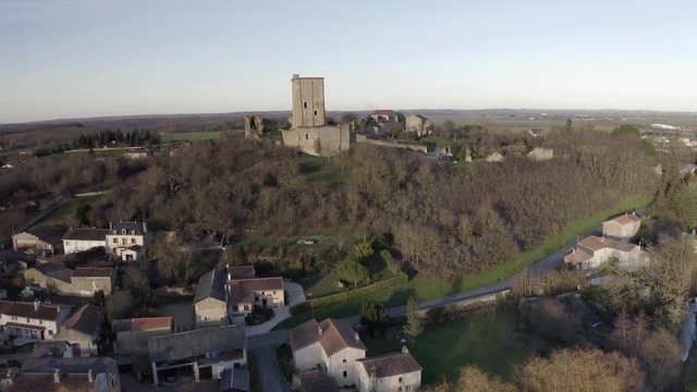 Aerial of the old dungeon in Moncontour, France.