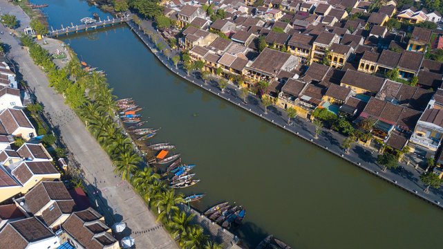 Aerial view panorama of Hoi An old town or Hoian ancient town. Royalty high-quality free stock photo image top view rooftop of street walking in Hoi An city. HoiAn city is UNESCO world heritage site