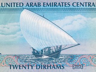 Dubai Creek Golf and Yacht Club on UAE 20 dirham note. United Arab Emirates AED currency money close up.. - obrazy, fototapety, plakaty