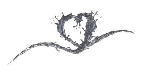 Wave splash liquid chrome silver in form of heart shape isolated on white background, concept for love or valentine. 3D illustration.