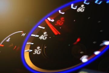 Fototapeta premium Wireless network speed. 5G high speed internet concept. 3d render - Illustration 5g Concept Car speedometer
