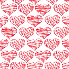 Watercolor red hearts seamless pattern.