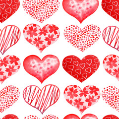 Fototapeta na wymiar Watercolor red hearts seamless pattern.