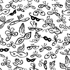 Seamless pattern of carnival masks. Beautiful black masks of lace. Mask for a masquerade. Vector background party mask.