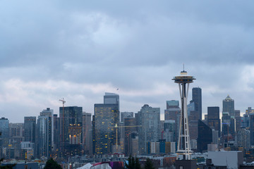 Fototapeta na wymiar View of Downtown Seattle with dark clouds hovering over