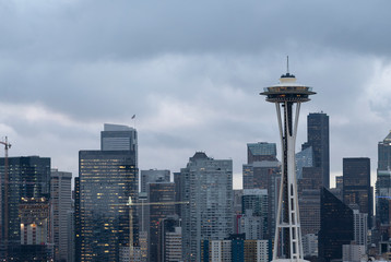 Downtown Seattle skyline on a dark cloudy day