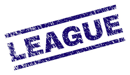 LEAGUE seal print with grunge style. Blue vector rubber print of LEAGUE text with grunge texture. Text tag is placed between parallel lines.