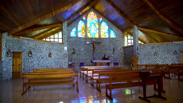 Inside religious catholic church building Vaitahu Tahuata Island