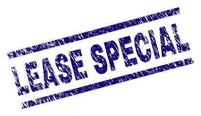 LEASE SPECIAL seal imprint with grunge style. Blue vector rubber print of LEASE SPECIAL text with corroded texture. Text caption is placed between parallel lines.