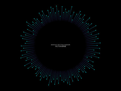 Abstract vector explosion circle frame with dots line equalizer pattern in blue green color isolated on black background with space for text in concept of music, technology, science, digital, AI