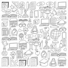 Vector set of secondary school icons in doodle style. Painted, black monochrome, pictures on a piece of paper on white background.