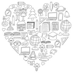 Vector set of secondary school icons in doodle style. Painted, black monochrome, pictures on a piece of paper on white background.