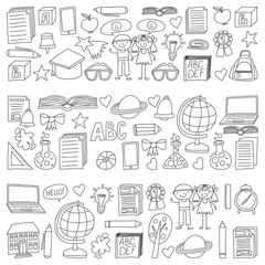 Vector set of secondary school icons in doodle style. Painted, black monochrome, pictures on a piece of paper on white background.