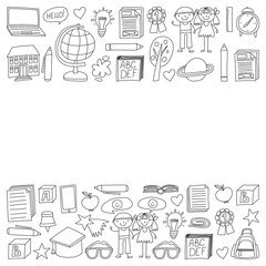 Vector set of secondary school icons in doodle style. Painted, black monochrome, pictures on a piece of paper on white background.