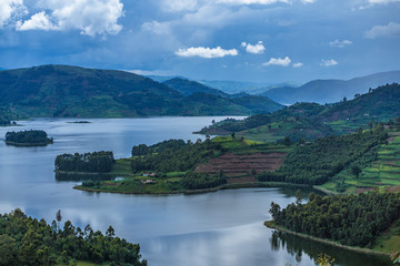 Panoramic view from Bunyonyi lake in Uganda