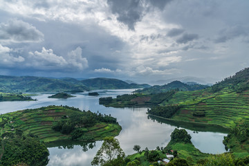 Panoramic view from Bunyonyi lake in Uganda