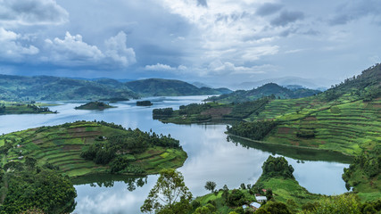 Panoramic view from Bunyonyi lake in Uganda - obrazy, fototapety, plakaty