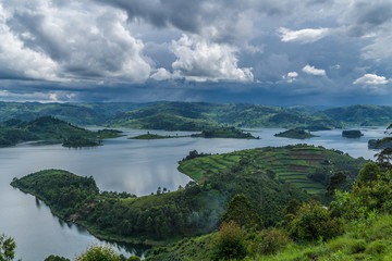 Panoramic view from Bunyonyi lake in Uganda