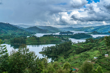 Panoramic view from Bunyonyi lake in Uganda