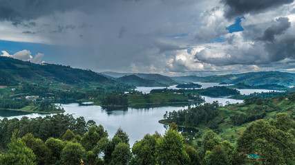 Fototapeta na wymiar Panoramic view from Bunyonyi lake in Uganda